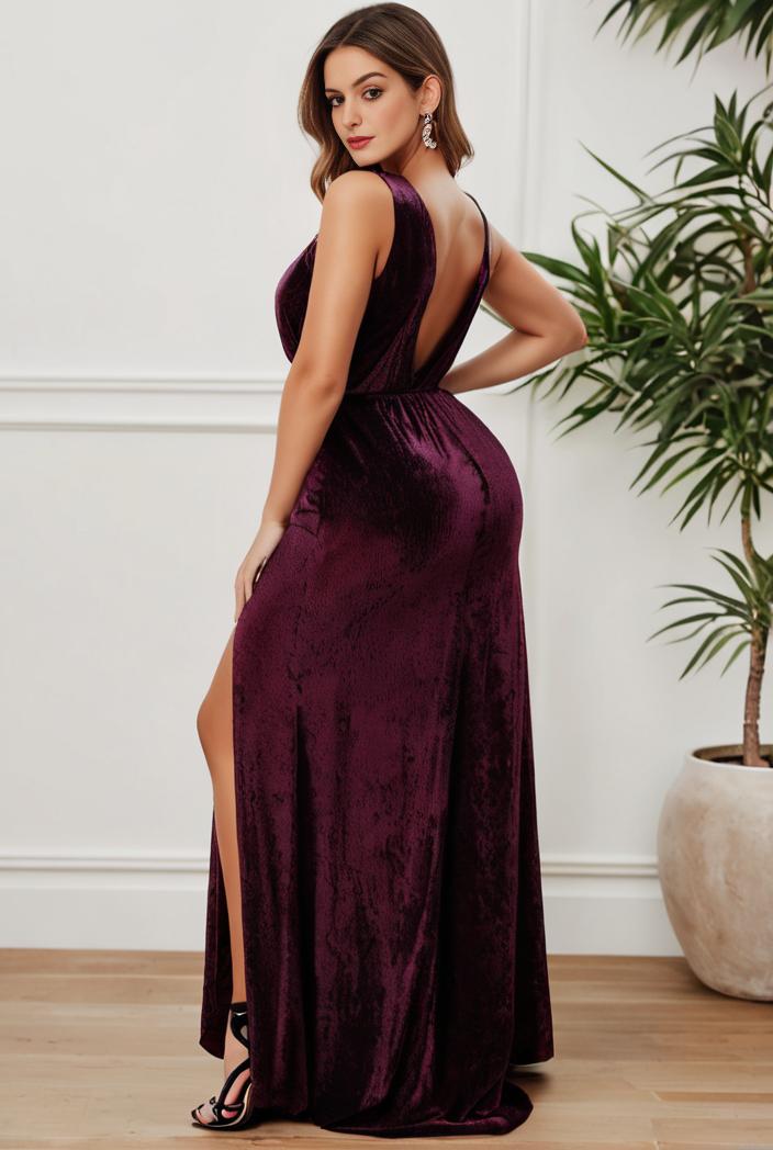 plus size shiny v neck side slit formal evening dress 138824