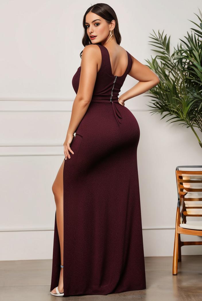 plus size shiny v neck side slit formal evening dress 138829