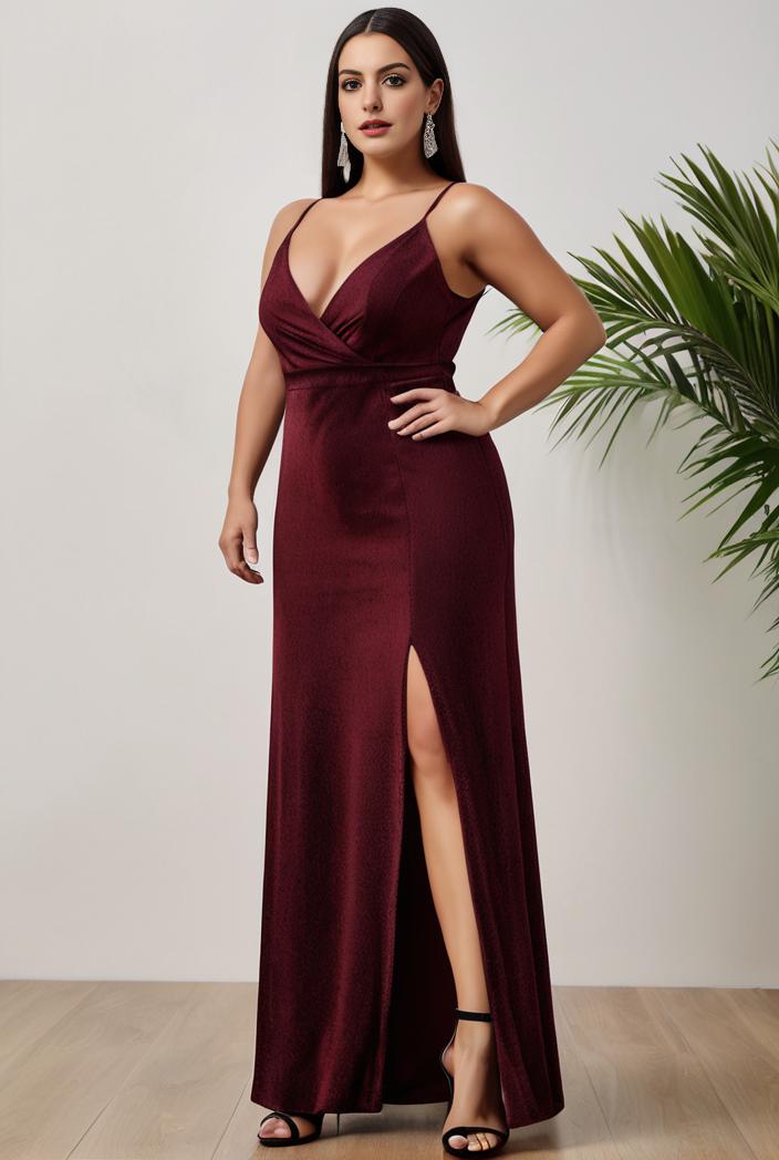 plus size shiny v neck side slit formal evening dress 138842