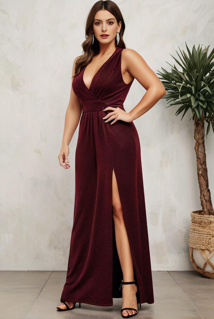 plus size shiny v neck side slit formal evening dress 138843