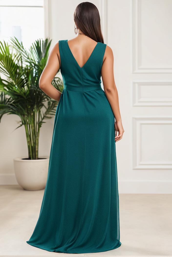 plus size shiny v neck side slit formal evening dress 138972