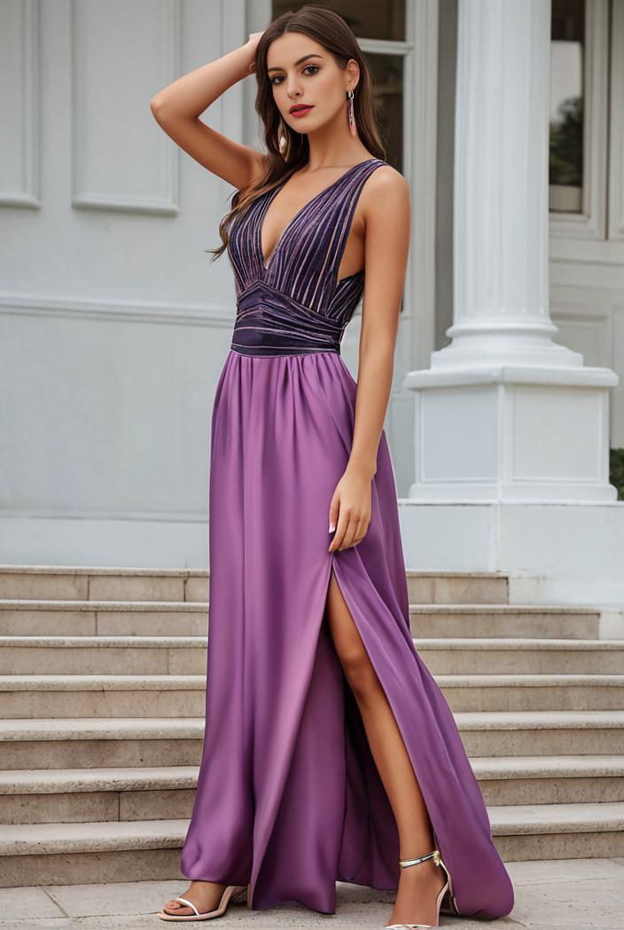 plus size shiny v neck side slit formal evening dress 139024