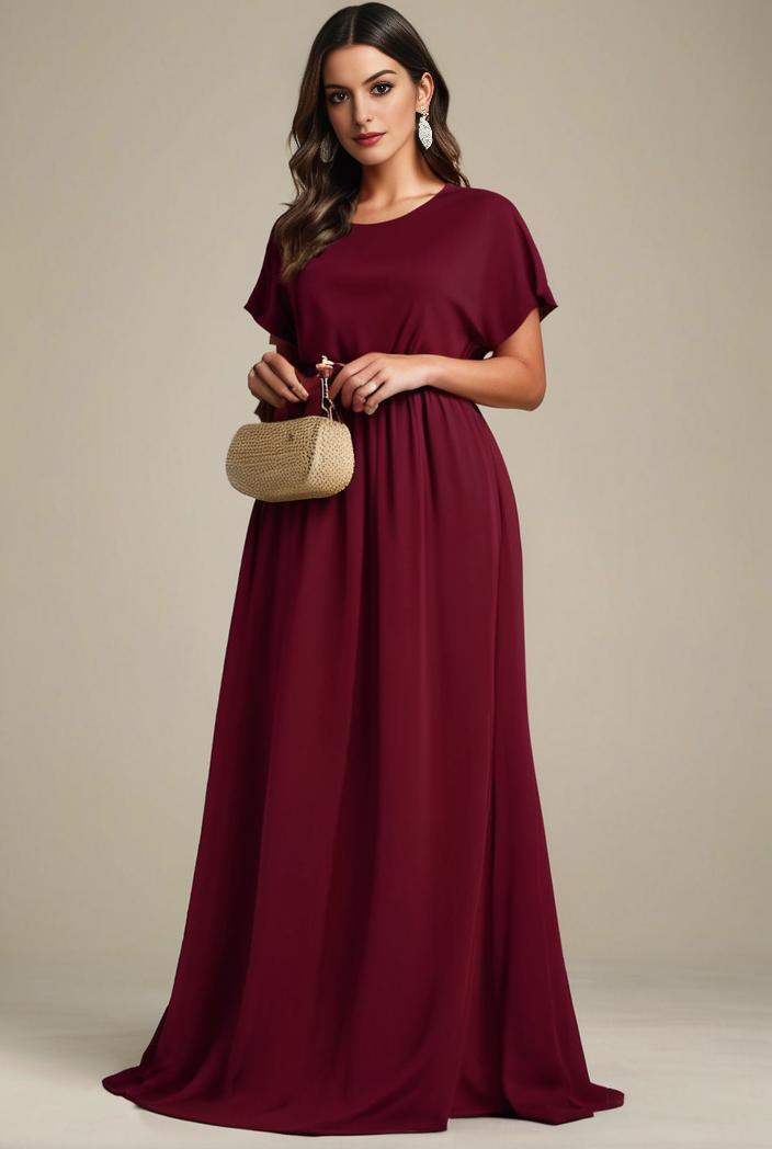 plus size simple chiffon pleated a line round neckline bridesmaid dress 139114