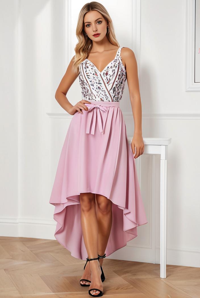 sequin bodice tulle high low evening dress with ribbon waist 140725