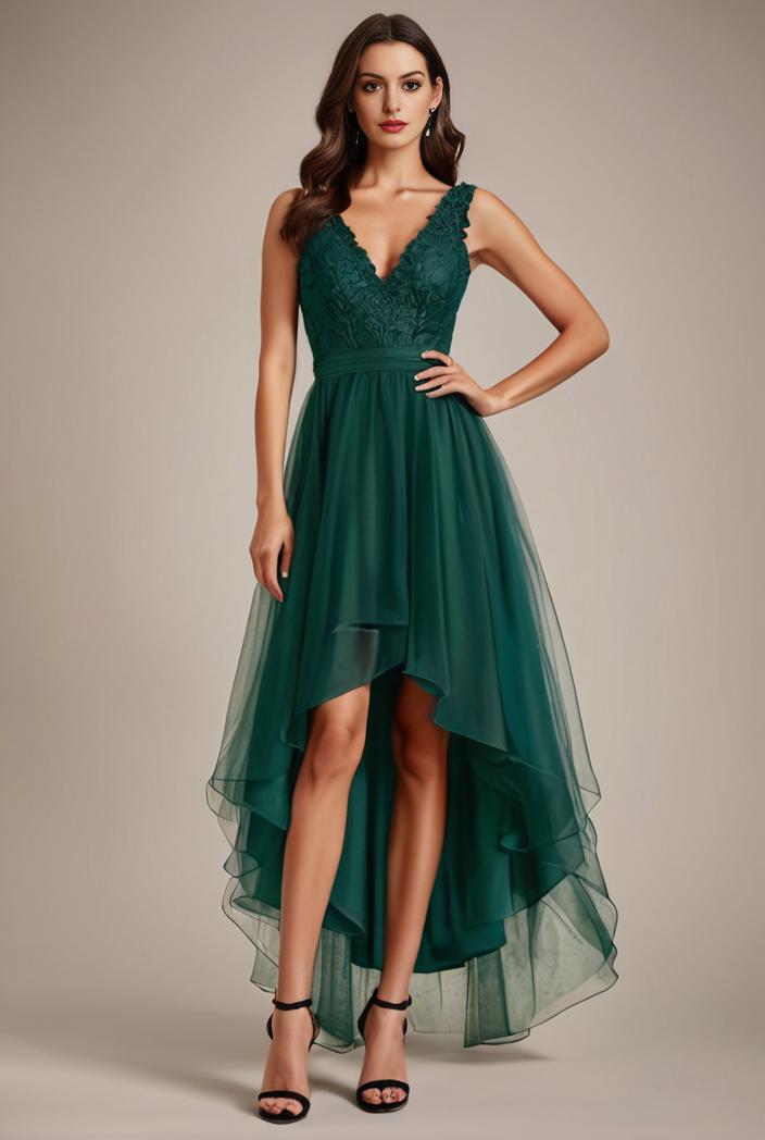 sequin bodice tulle high low evening dress with ribbon waist 140749