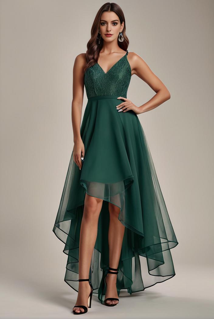 sequin bodice tulle high low evening dress with ribbon waist 140750