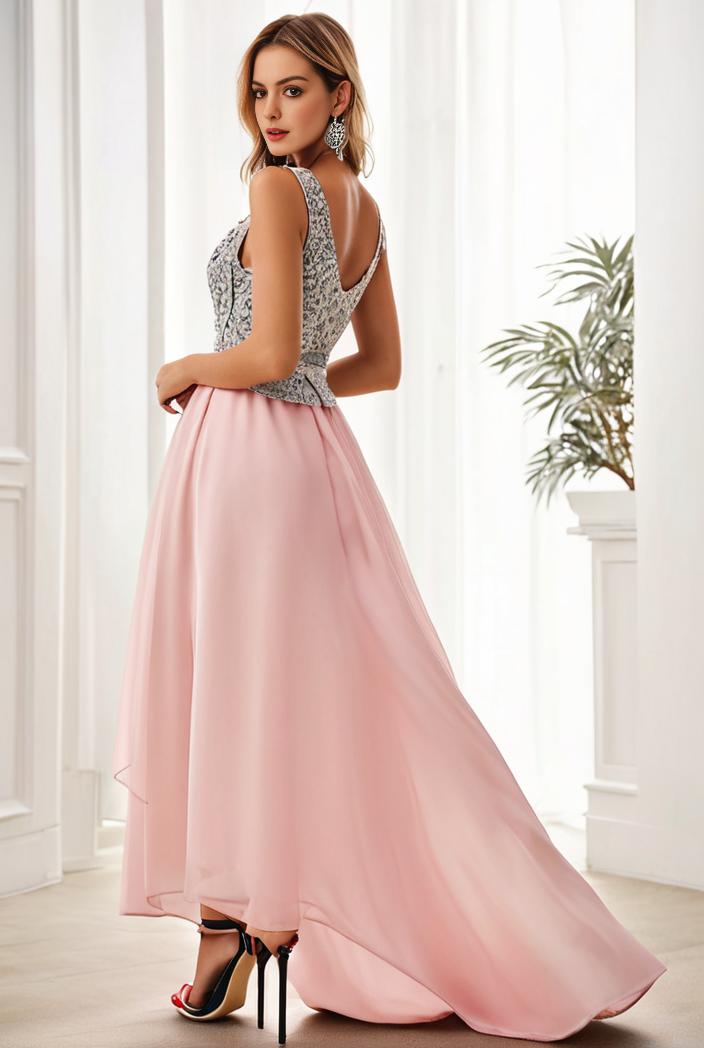 sequin bodice tulle high low evening dress with ribbon waist 140764