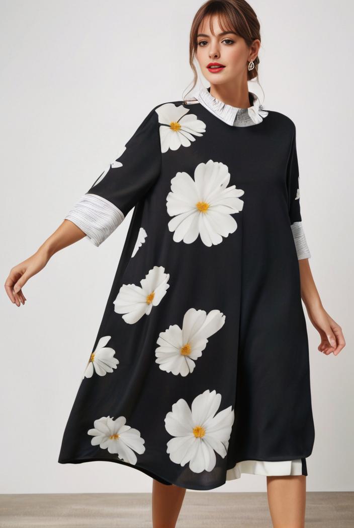 size curve dresses plus size loose elegant floral pattern stitching midi dress 142636
