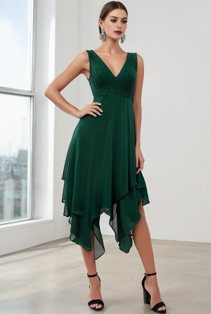 deep v neck lace chiffon bridesmaid dress with asymmetrical hem 148309