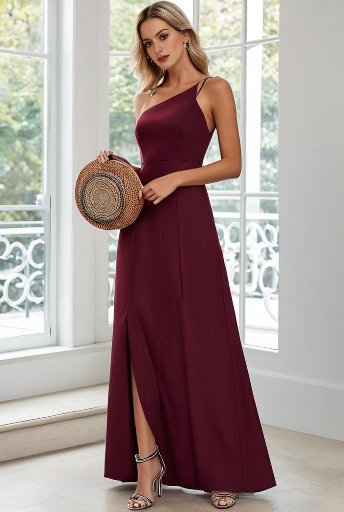 flowy chiffon one shoulder with three straps bridesmaid dress 101973