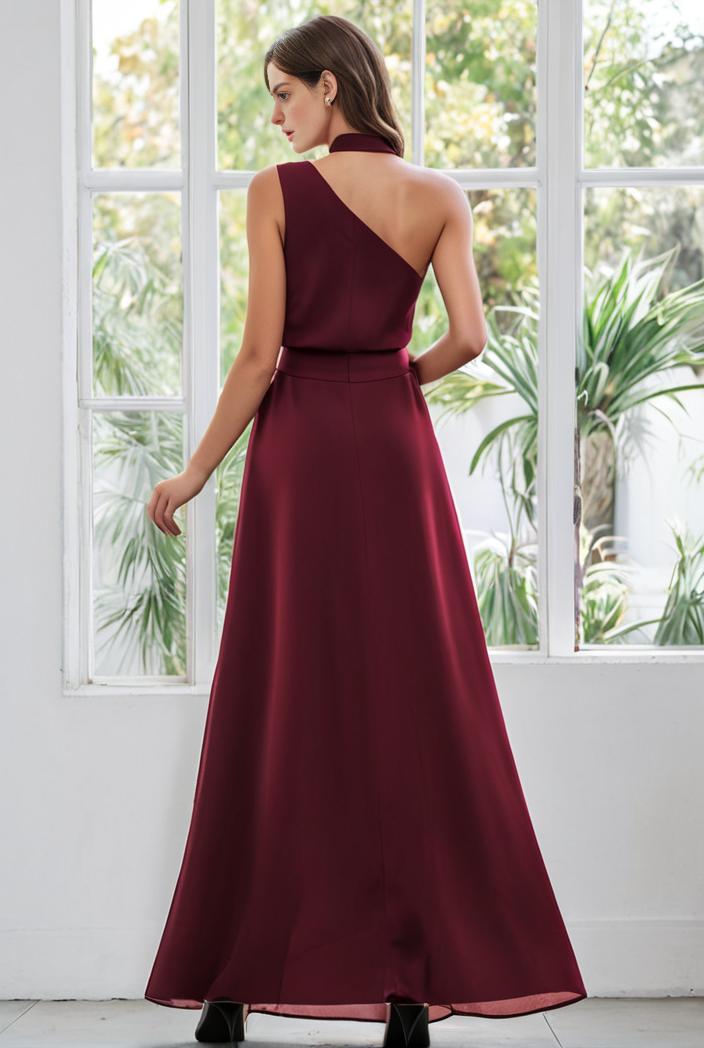 flowy chiffon one shoulder with three straps bridesmaid dress 101979