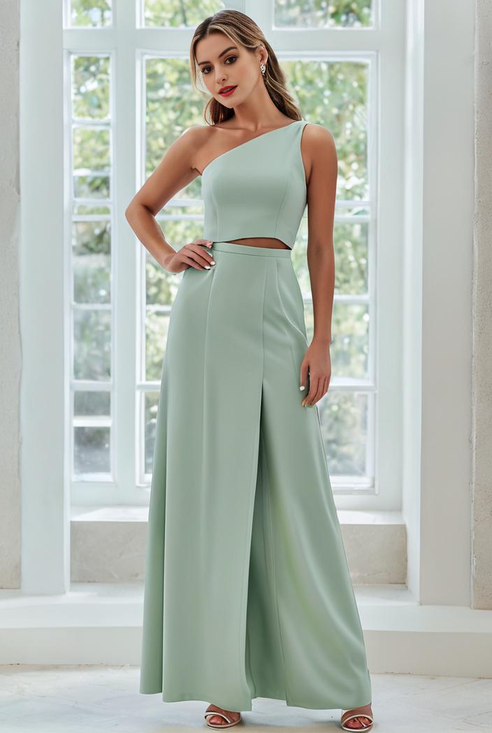 flowy chiffon one shoulder with three straps bridesmaid dress 102010