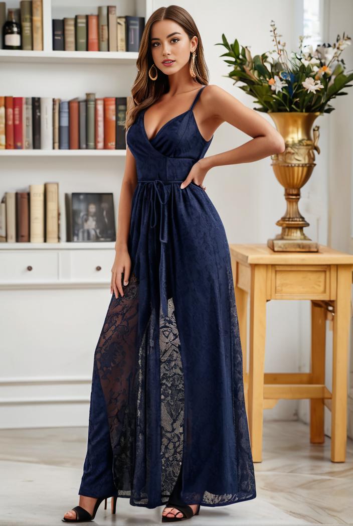 spaghetti strap 2 in 1 sheer evening dress 122345