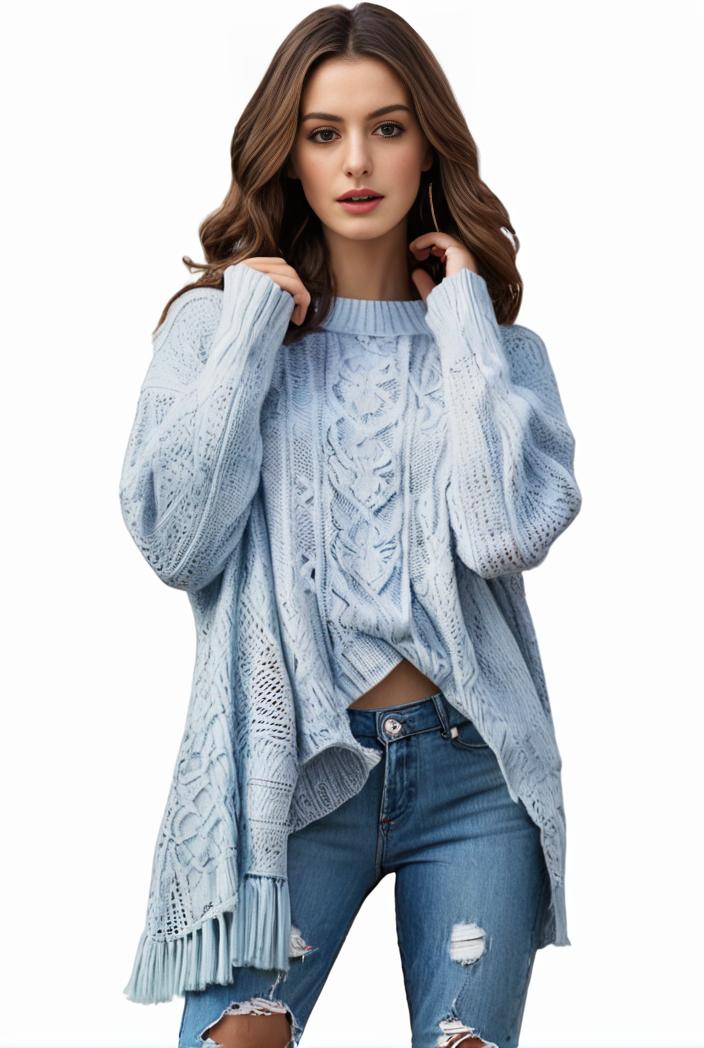 plus size casual sweater women s plus solid tassel trim long sleeve cowl neck high stretch jumper 105175