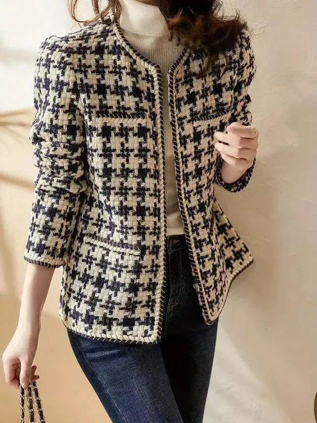 Stylish Plaid Jacket with Long Sleeve Crew Neck, Open Front Women's Outerwear
