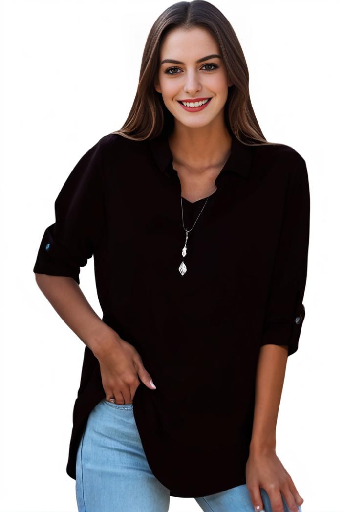 plus size formal shirt women s plus plain long sleeve turn down collar button up workwear shirt 105779
