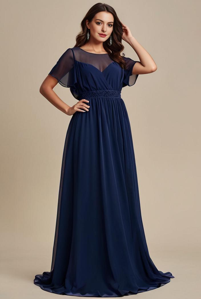 plus size simple chiffon pleated a line round neckline bridesmaid dress 107674