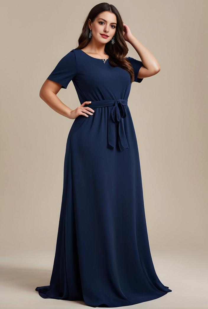 plus size simple chiffon pleated a line round neckline bridesmaid dress 107679