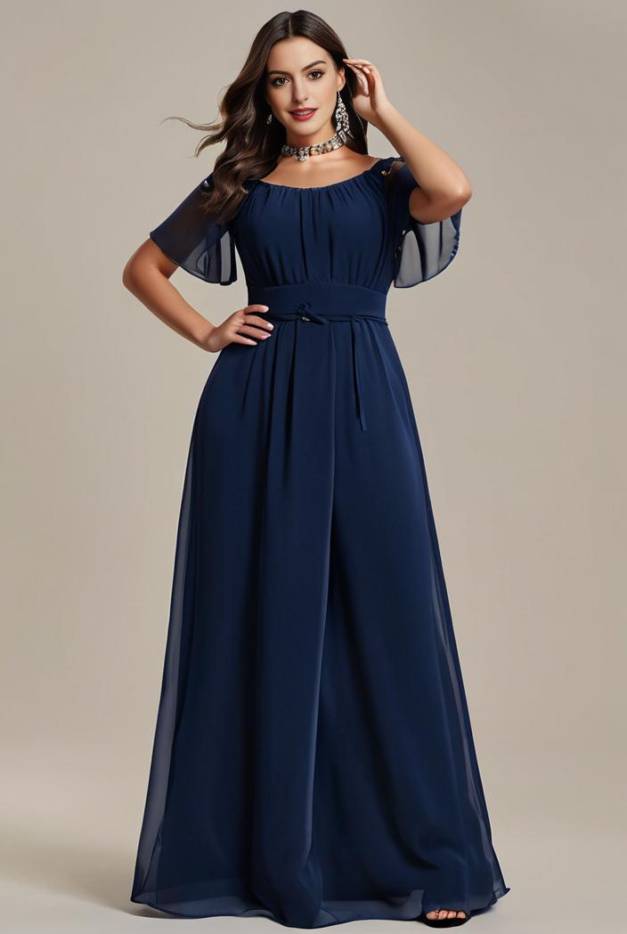 plus size simple chiffon pleated a line round neckline bridesmaid dress 107683