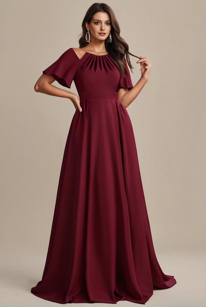 plus size simple chiffon pleated a line round neckline bridesmaid dress 107718