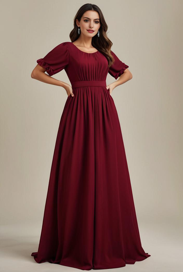 plus size simple chiffon pleated a line round neckline bridesmaid dress 107719