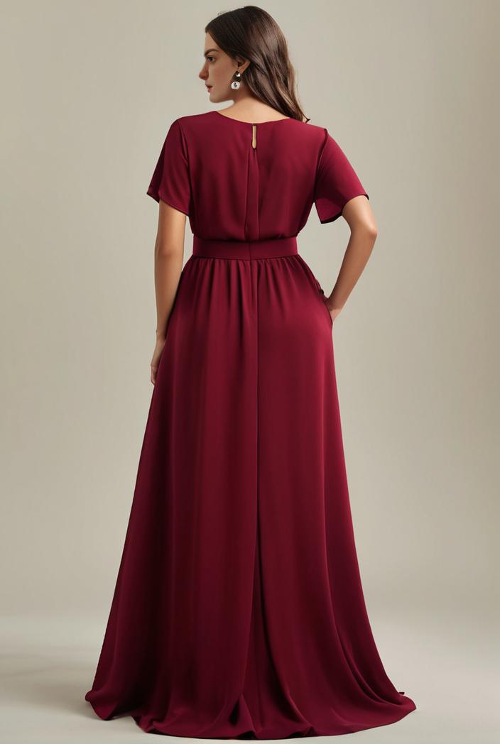 plus size simple chiffon pleated a line round neckline bridesmaid dress 107727