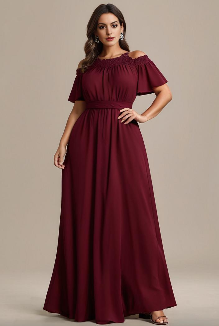 plus size simple chiffon pleated a line round neckline bridesmaid dress 107732