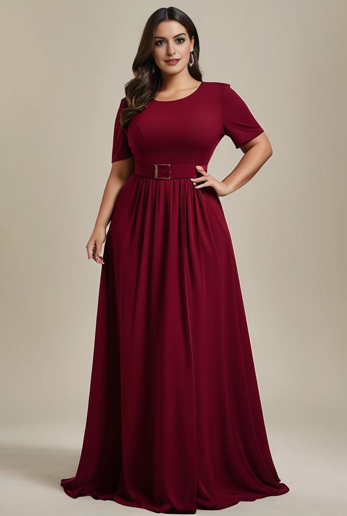 plus size simple chiffon pleated a line round neckline bridesmaid dress 107735