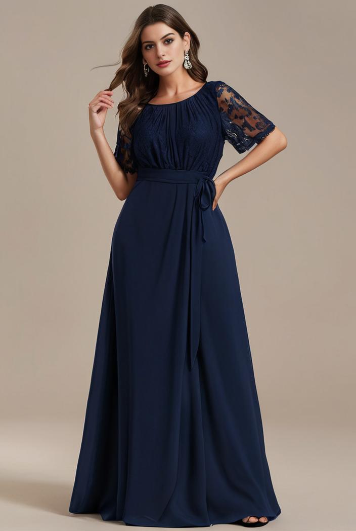 plus size simple chiffon pleated a line round neckline bridesmaid dress 107739