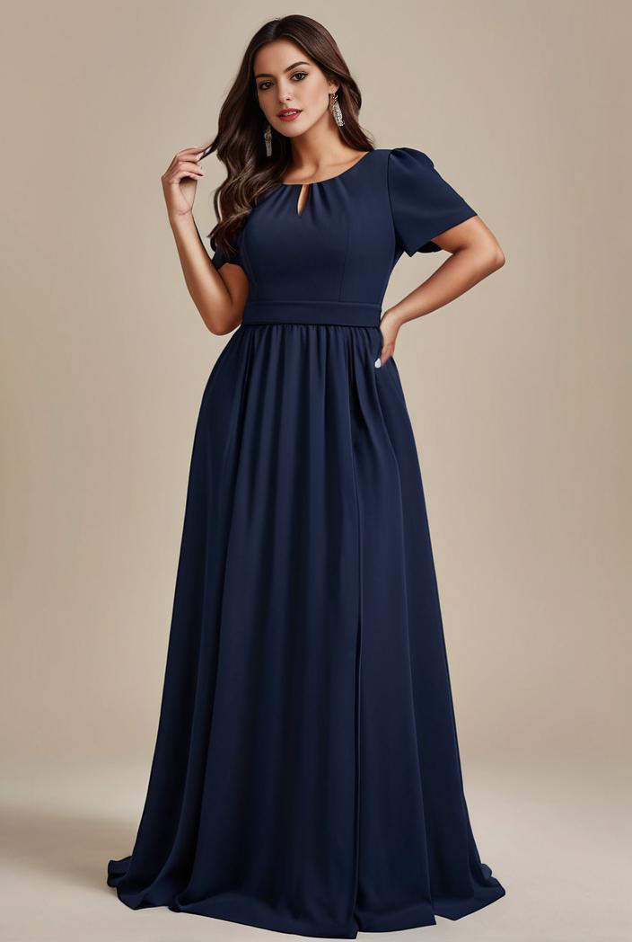 plus size simple chiffon pleated a line round neckline bridesmaid dress 107743