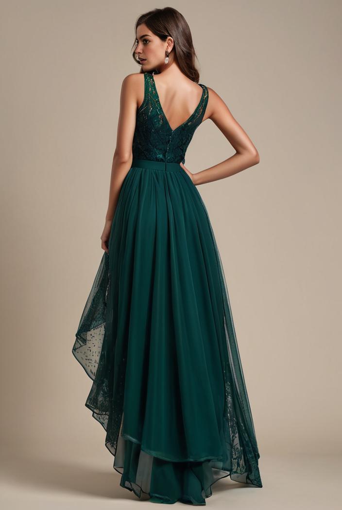 sequin bodice tulle high low evening dress with ribbon waist 109362