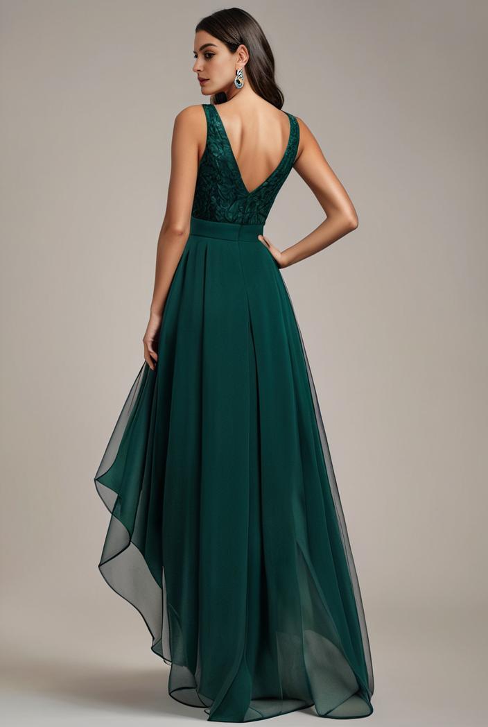 sequin bodice tulle high low evening dress with ribbon waist 109363