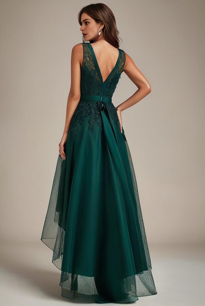 sequin bodice tulle high low evening dress with ribbon waist 109365