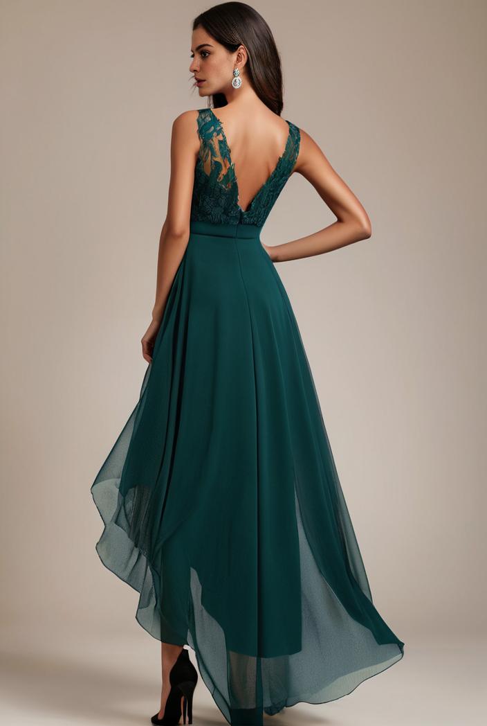 sequin bodice tulle high low evening dress with ribbon waist 109366
