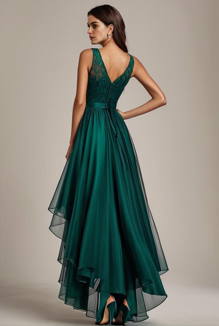 sequin bodice tulle high low evening dress with ribbon waist 109367