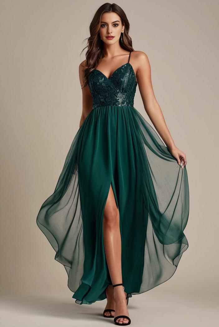 sequin bodice tulle high low evening dress with ribbon waist 109370