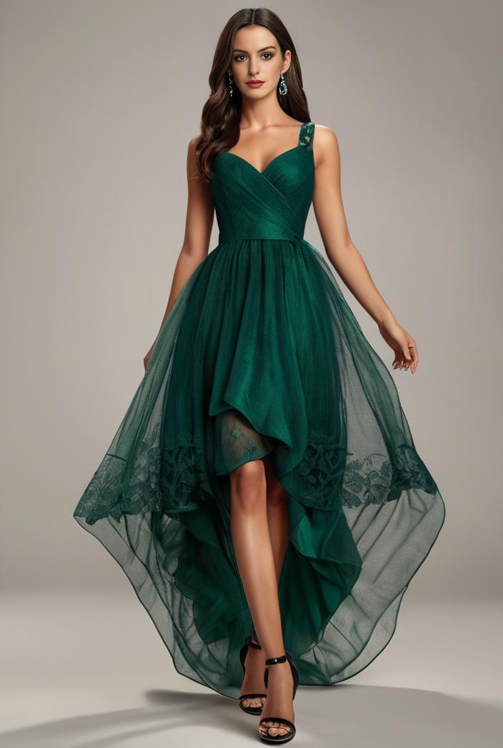 sequin bodice tulle high low evening dress with ribbon waist 109371