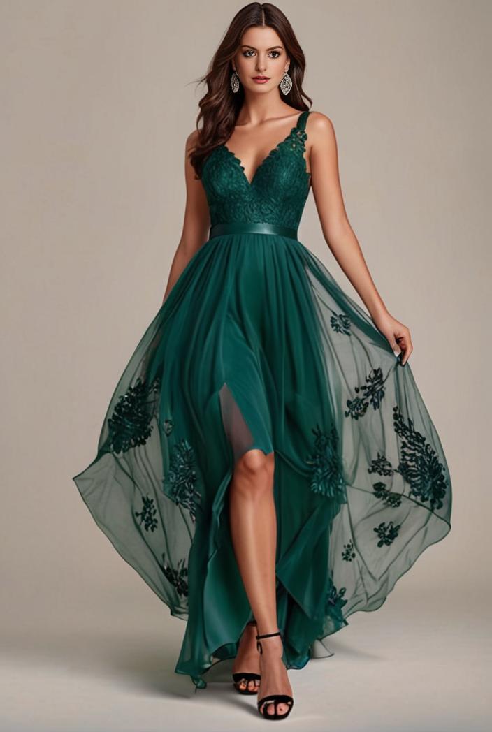 sequin bodice tulle high low evening dress with ribbon waist 109372