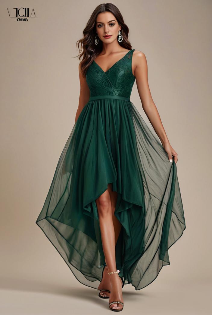 sequin bodice tulle high low evening dress with ribbon waist 109378
