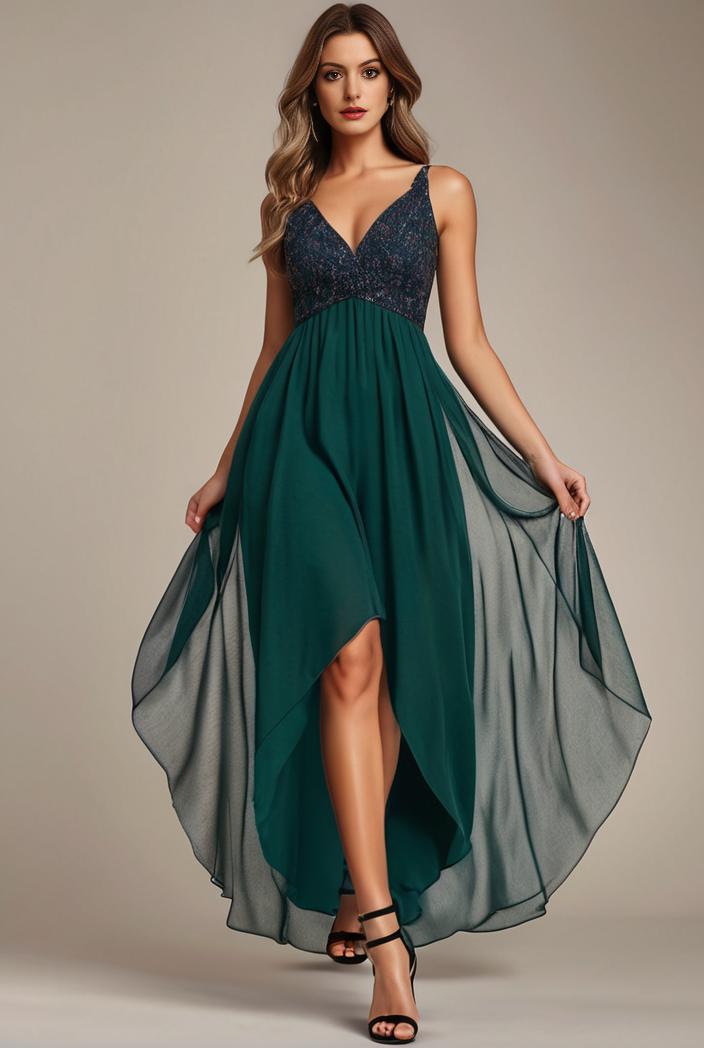 sequin bodice tulle high low evening dress with ribbon waist 109376