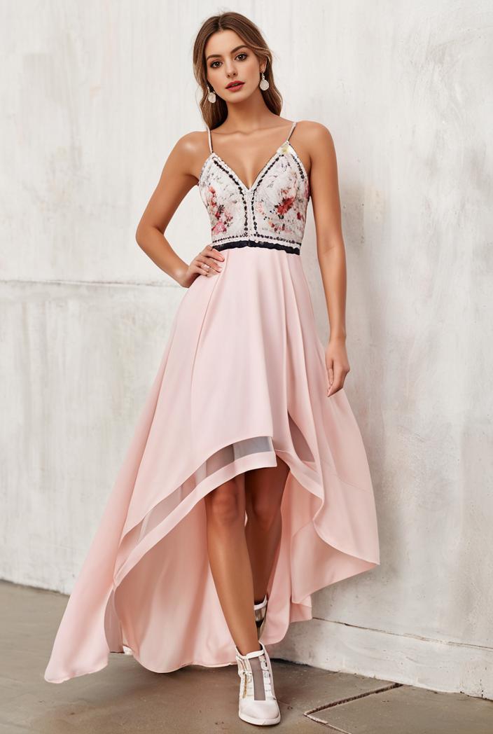 sequin bodice tulle high low evening dress with ribbon waist 109380