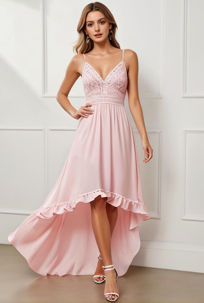 sequin bodice tulle high low evening dress with ribbon waist 109384