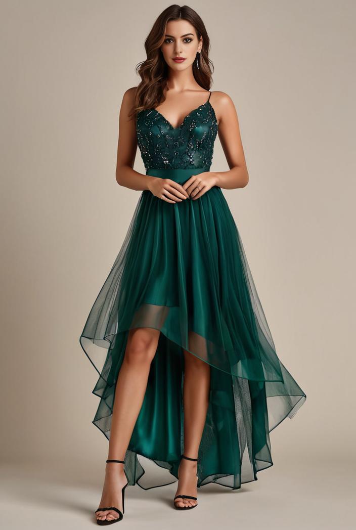 sequin bodice tulle high low evening dress with ribbon waist 109385