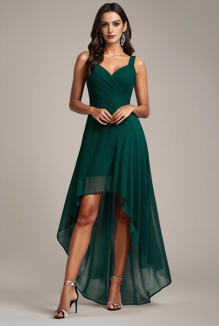 sequin bodice tulle high low evening dress with ribbon waist 109390