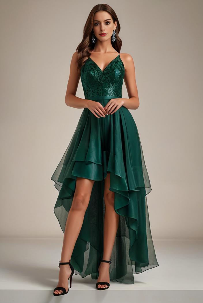 sequin bodice tulle high low evening dress with ribbon waist 109388