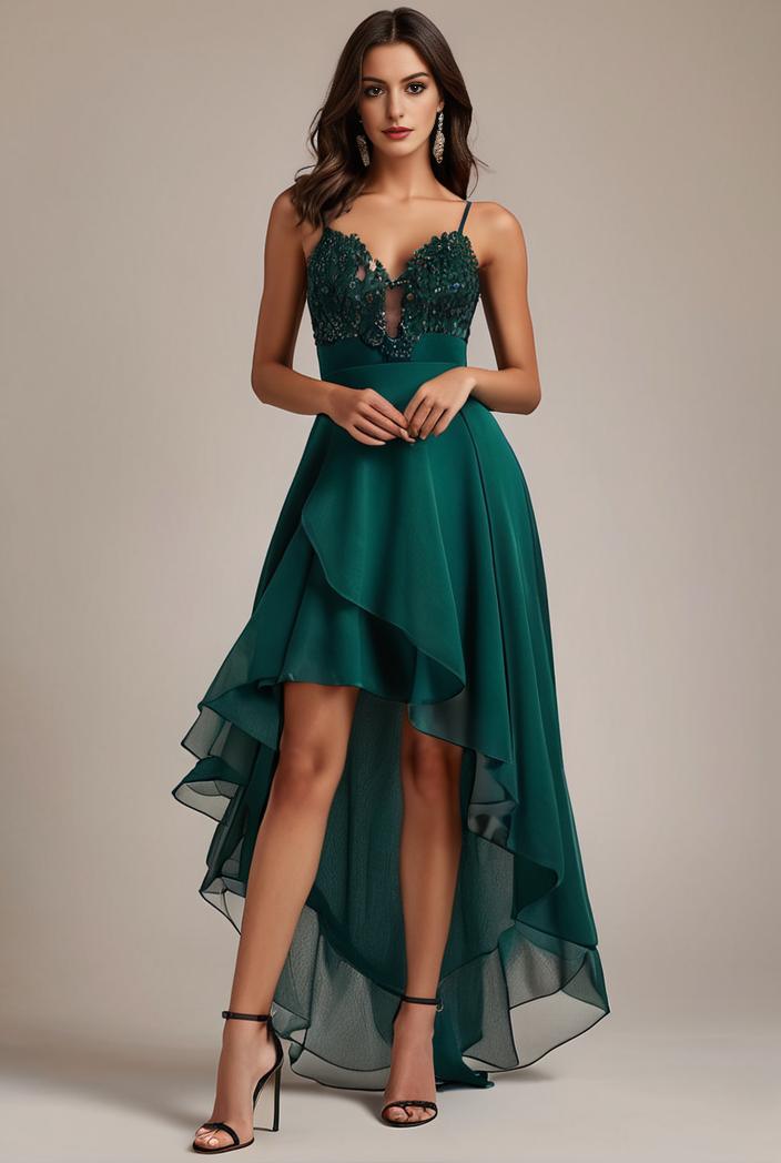 sequin bodice tulle high low evening dress with ribbon waist 109389
