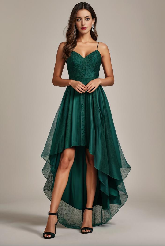 sequin bodice tulle high low evening dress with ribbon waist 109391