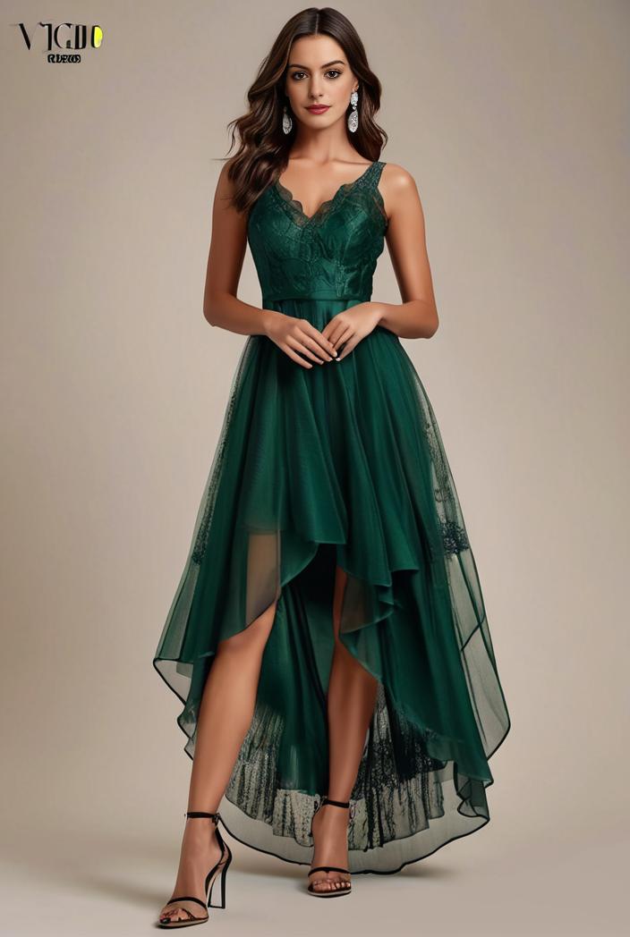 sequin bodice tulle high low evening dress with ribbon waist 109392