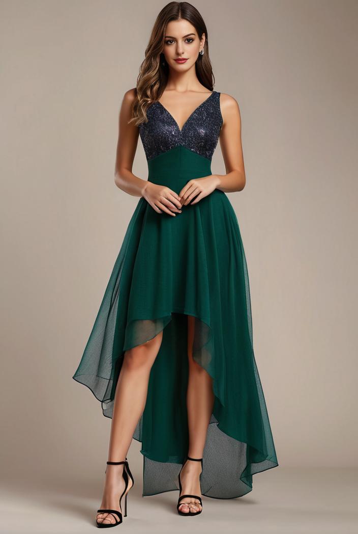 sequin bodice tulle high low evening dress with ribbon waist 109393