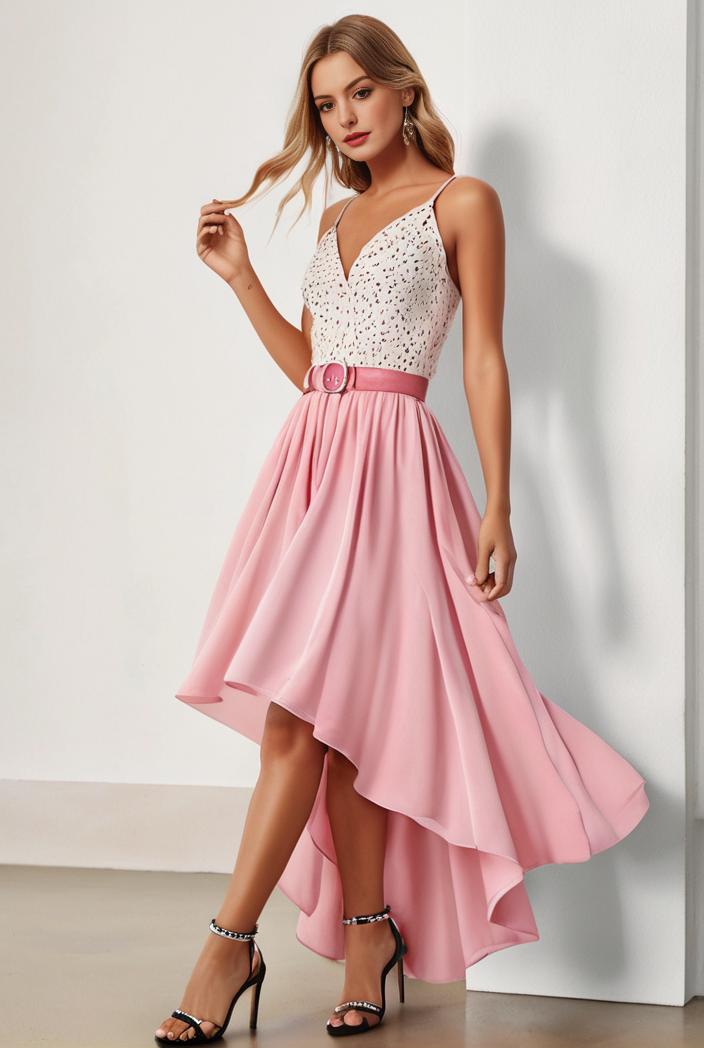 sequin bodice tulle high low evening dress with ribbon waist 109396